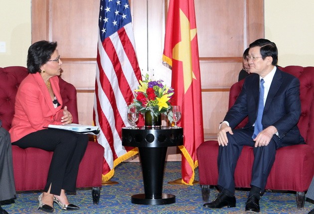 Chủ tịch nước Trương Tấn Sang tiếp Bộ trưởng Thương mại Hoa Kỳ, bà Penny Pritzker đến chào. Ảnh TTXVN